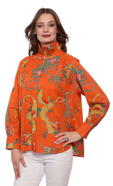 Dizzy-Lizzie Sun Valley oversized shirt with ruffle collar, orange dragon print on cotton linen fabric, casual and stylish.