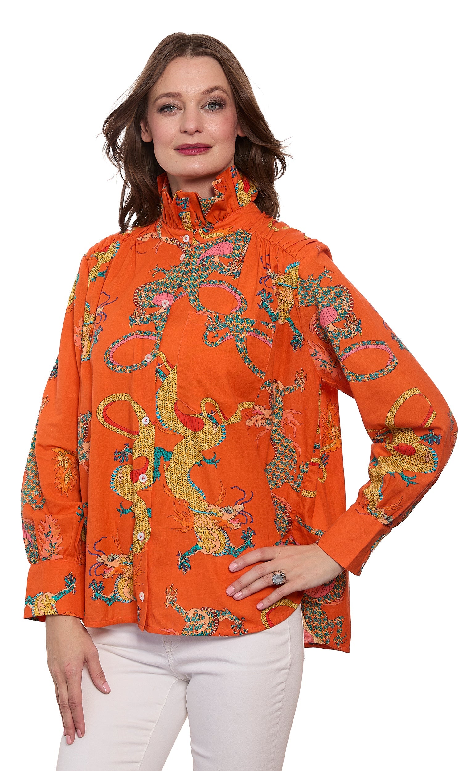 Dizzy-Lizzie Sun Valley oversized shirt with ruffle collar, orange dragon print, made of cotton linen fabric.