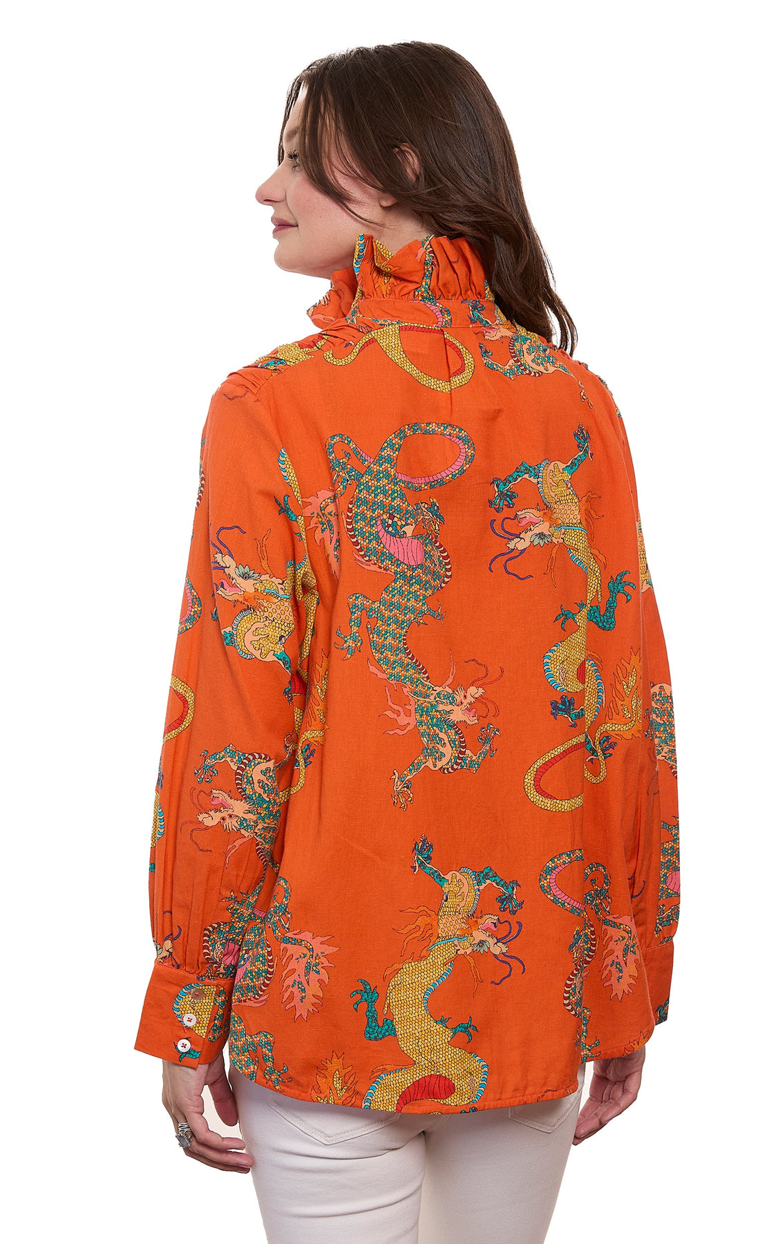 Dizzy-Lizzie Sun Valley oversized shirt with ruffle collar, orange dragon print, cotton linen fabric, stylish and relaxed fit.