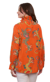 Dizzy-Lizzie Sun Valley oversized shirt with ruffle collar, orange dragon print, cotton linen fabric, stylish and relaxed fit.