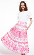 Dizzy-Lizzie Woodstock skirt with pink ikat print, flowing fabric and elastic waistband, perfect for casual wear.