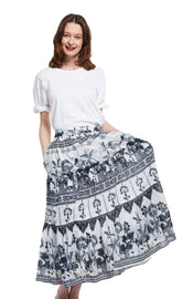 Dizzy-Lizzie Woodstock skirt in XS with grey ikat print, flowing fabric and bohemian style, perfect for casual wear.