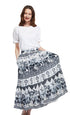 Dizzy-Lizzie Woodstock skirt with grey ikat print, flowing fabric and waist tie, perfect for casual and boho styles.