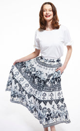 Dizzy-Lizzie Woodstock skirt with grey ikat print, lightweight fabric, and a relaxed fit, shown in a close-up view.
