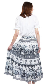 Dizzy-Lizzie Woodstock skirt featuring a grey ikat print, lightweight fabric, and stylish design perfect for casual wear.