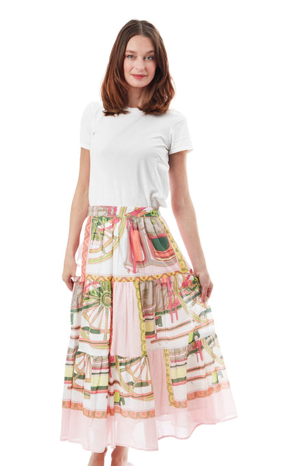 Pink Woodstock skirt by Dizzy-Lizzie featuring a vibrant wheel print, with a flowing fabric and stylish design.