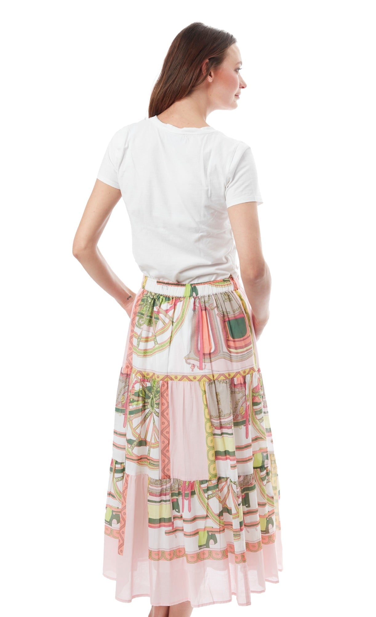 Pink Wheel Print Woodstock skirt by Dizzy-Lizzie, featuring a vibrant wheel pattern on lightweight fabric.