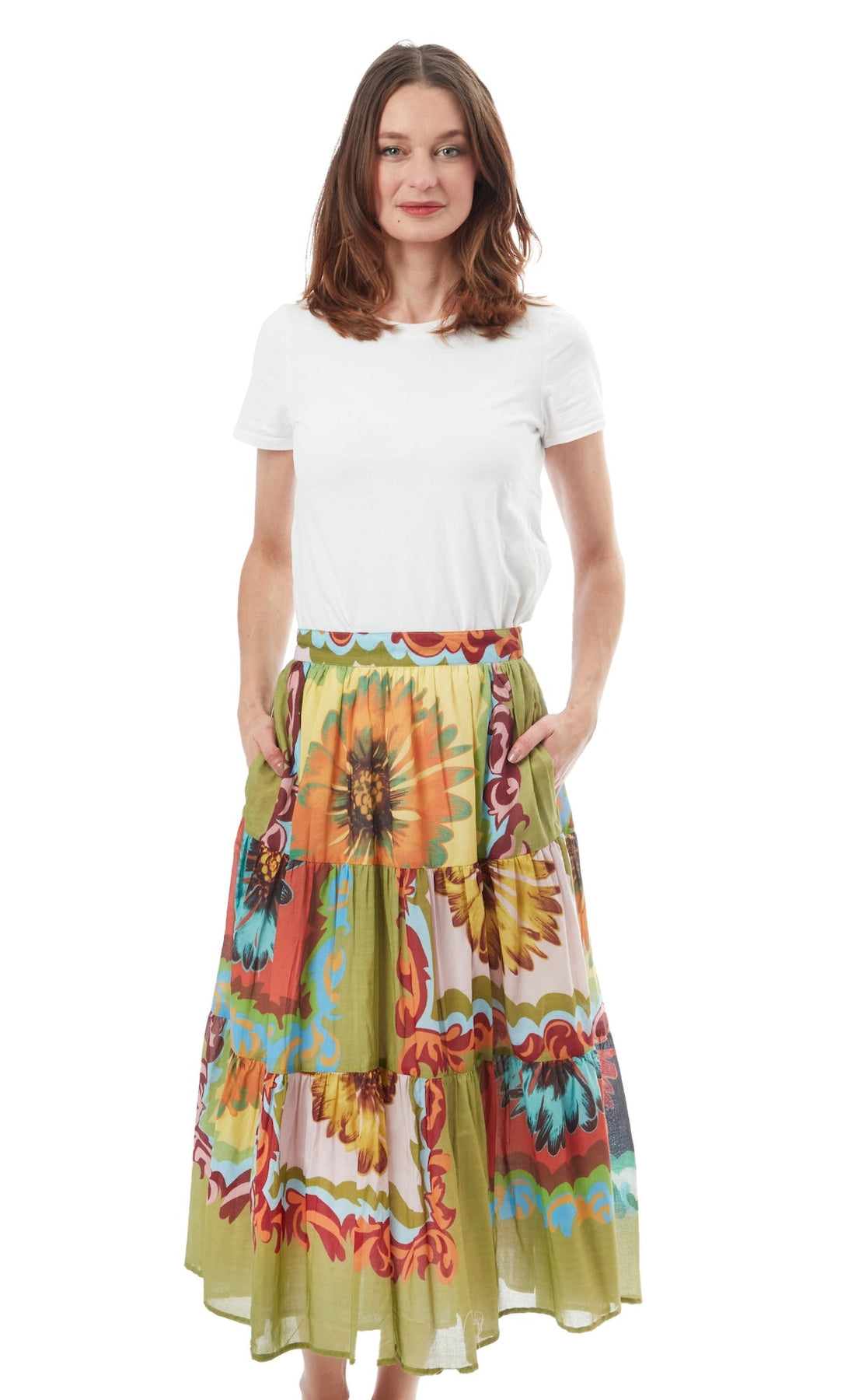 Dizzy-Lizzie Woodstock Skirt in dark floral pattern, lightweight skirt with flowy fabric, perfect for casual or boho style outfits.