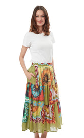 Dizzy-Lizzie Woodstock Skirt in dark floral print, lightweight skirt with flowy fabric and floral pattern.