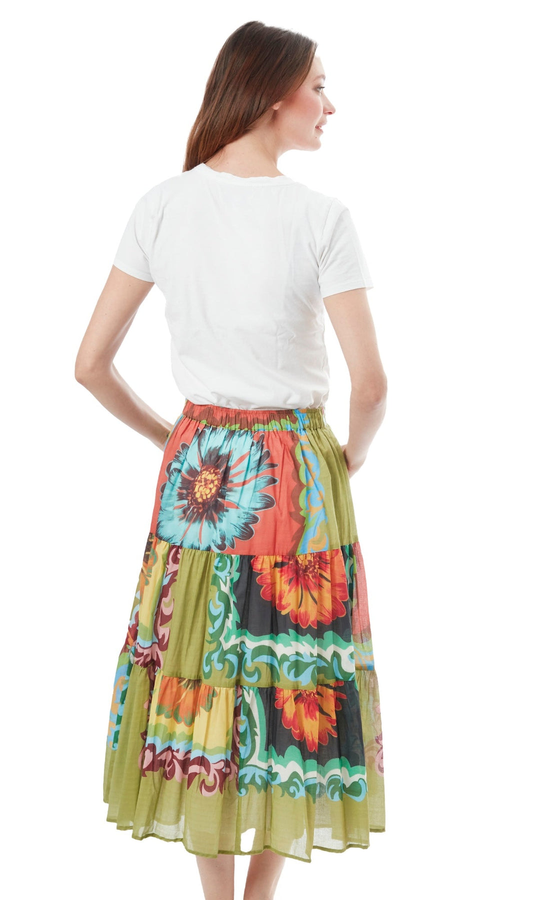 Dizzy-Lizzie Woodstock Skirt in dark floral pattern, lightweight fabric with a flowing design, perfect for casual or boho style.