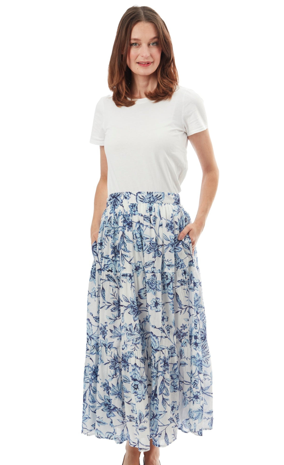 Dizzy-Lizzie Woodstock Skirt in blue and white, lightweight fabric, knee-length design, casual style, perfect for summer wear.