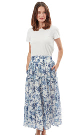 Dizzy-Lizzie Woodstock Skirt in blue and white, lightweight fabric, knee-length design, casual style, perfect for summer wear.
