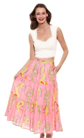 Coral Dragon Skirt by Dizzy-Lizzie, XS size, featuring vibrant coral fabric with dragon-themed design and flowing style.