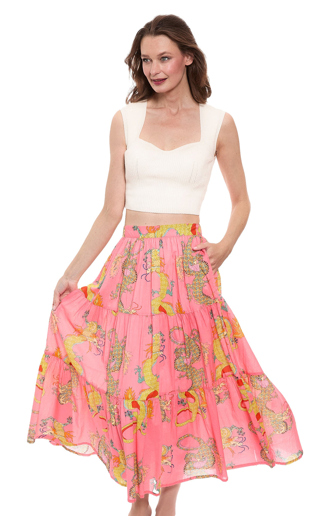 Coral-colored Dizzy-Lizzie Dragon Skirt in XS with detailed dragon pattern and flowing fabric, perfect for stylish casual wear.