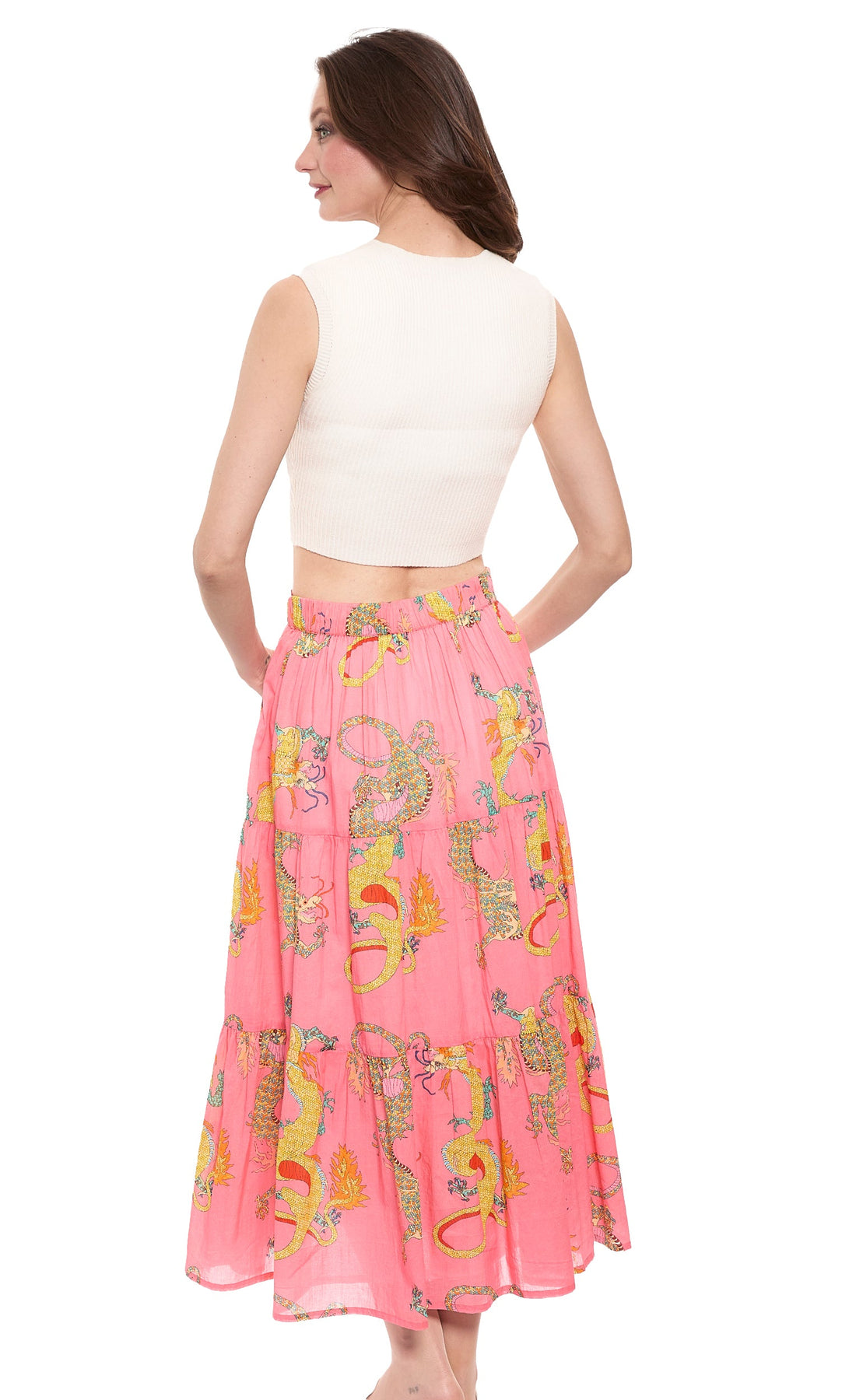 Coral-colored Dizzy-Lizzie Dragon Skirt in XS with intricate dragon pattern, lightweight fabric, and flowy design.
