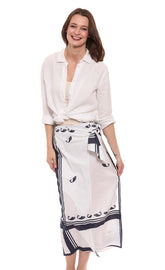 Dizzy-Lizzie whale print sarong skirt in XS, lightweight fabric with ocean-inspired whale design, perfect for beachwear.
