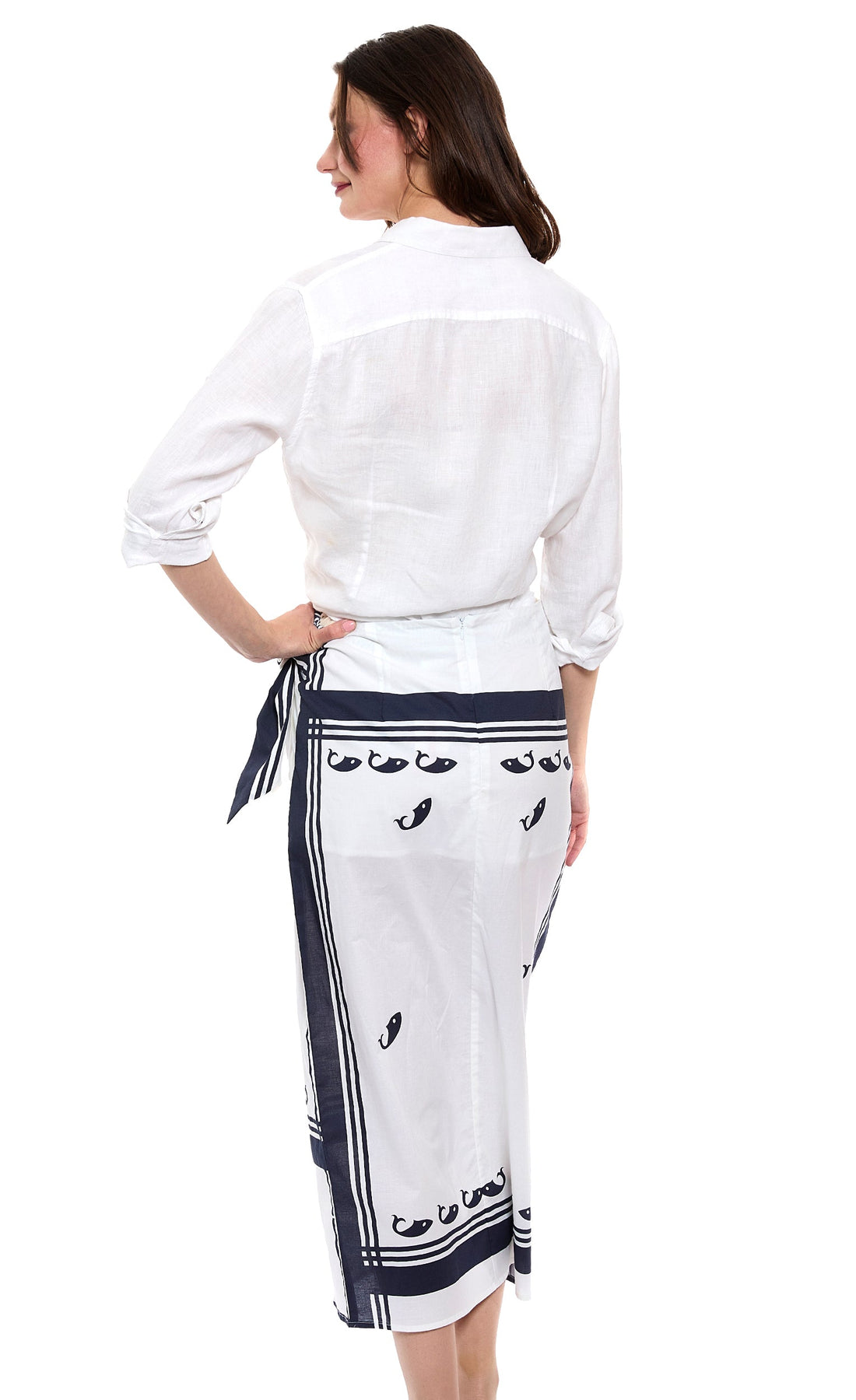 Dizzy-Lizzie whale print sarong skirt in XS, lightweight fabric with ocean-themed whale design, perfect for beachwear or casual summer wear.
