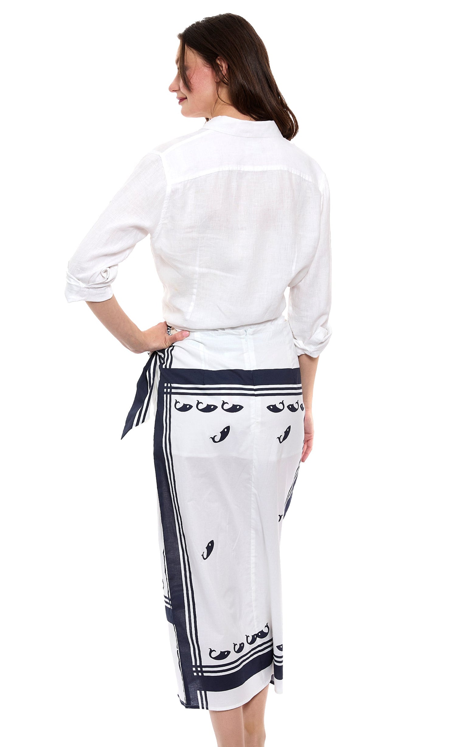 Dizzy-Lizzie whale print sarong skirt with lightweight fabric, featuring a vibrant ocean-inspired whale design and casual style.