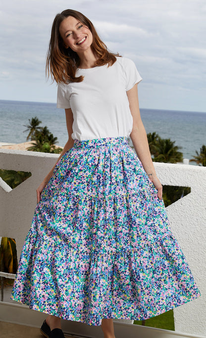 Dizzy-Lizzie Woodstock Floral skirt with colorful floral pattern, lightweight fabric, and flowing design for casual wear.
