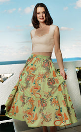 Dizzy-Lizzie Woodstock skirt in green 100% cotton voile with dragon print, lightweight and breezy summer skirt.