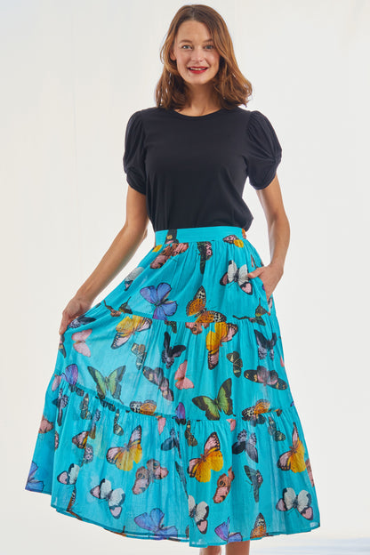 Woodstock turquoise butterfly print pull-on flounce skirt by Dizzy-Lizzie, featuring a flowy design and elastic waistband.