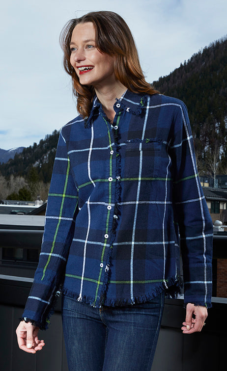 Blue yard-dyed flannel Cape Cod Tunic by Dizzy-Lizzie, featuring a relaxed fit and classic design, shown in a high-resolution image.