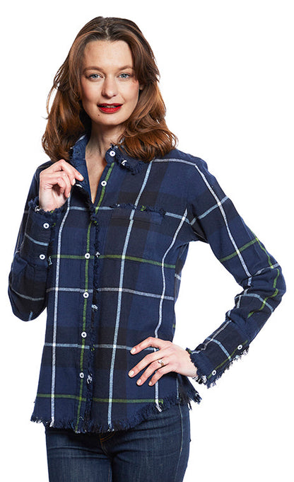 Blue yard-dyed flannel Cape Cod Tunic by Dizzy-Lizzie, shown as a cozy, casual top with long sleeves and a relaxed fit.