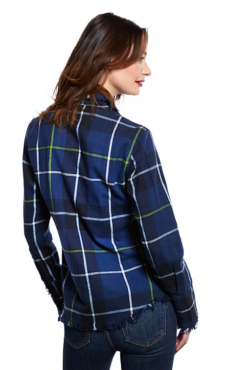 Blue yard-dyed flannel Cape Cod tunic by Dizzy-Lizzie, featuring a relaxed fit and classic plaid pattern, perfect for casual wear.