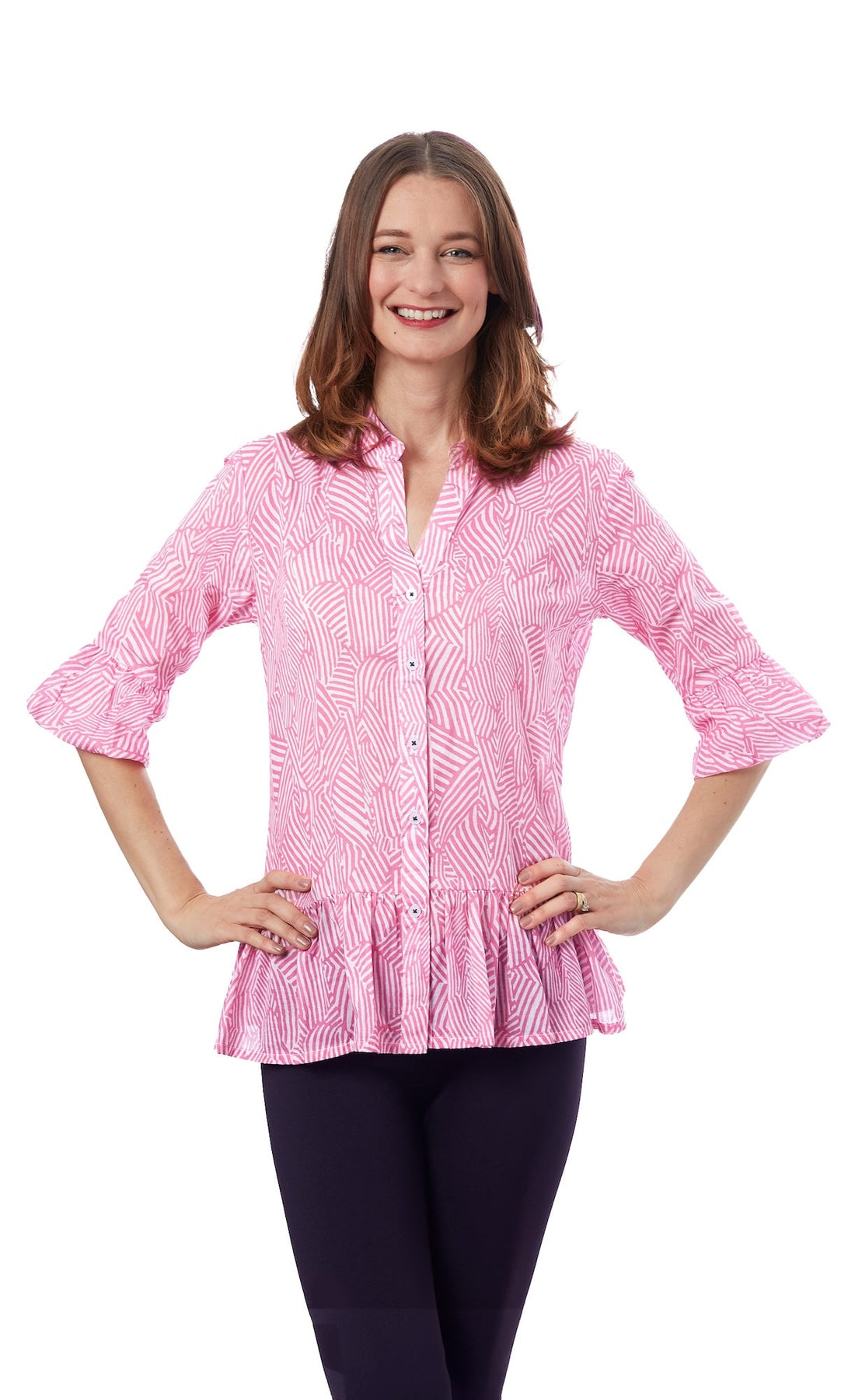 Pink and white peplum top by Dizzy-Lizzie featuring a fitted silhouette, sleeveless design, and stylish ruffle details.