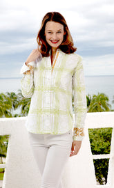 Dizzy-Lizzie Rome Shirt in green and white geometric print, casual tops for women, front view showing stylish design.