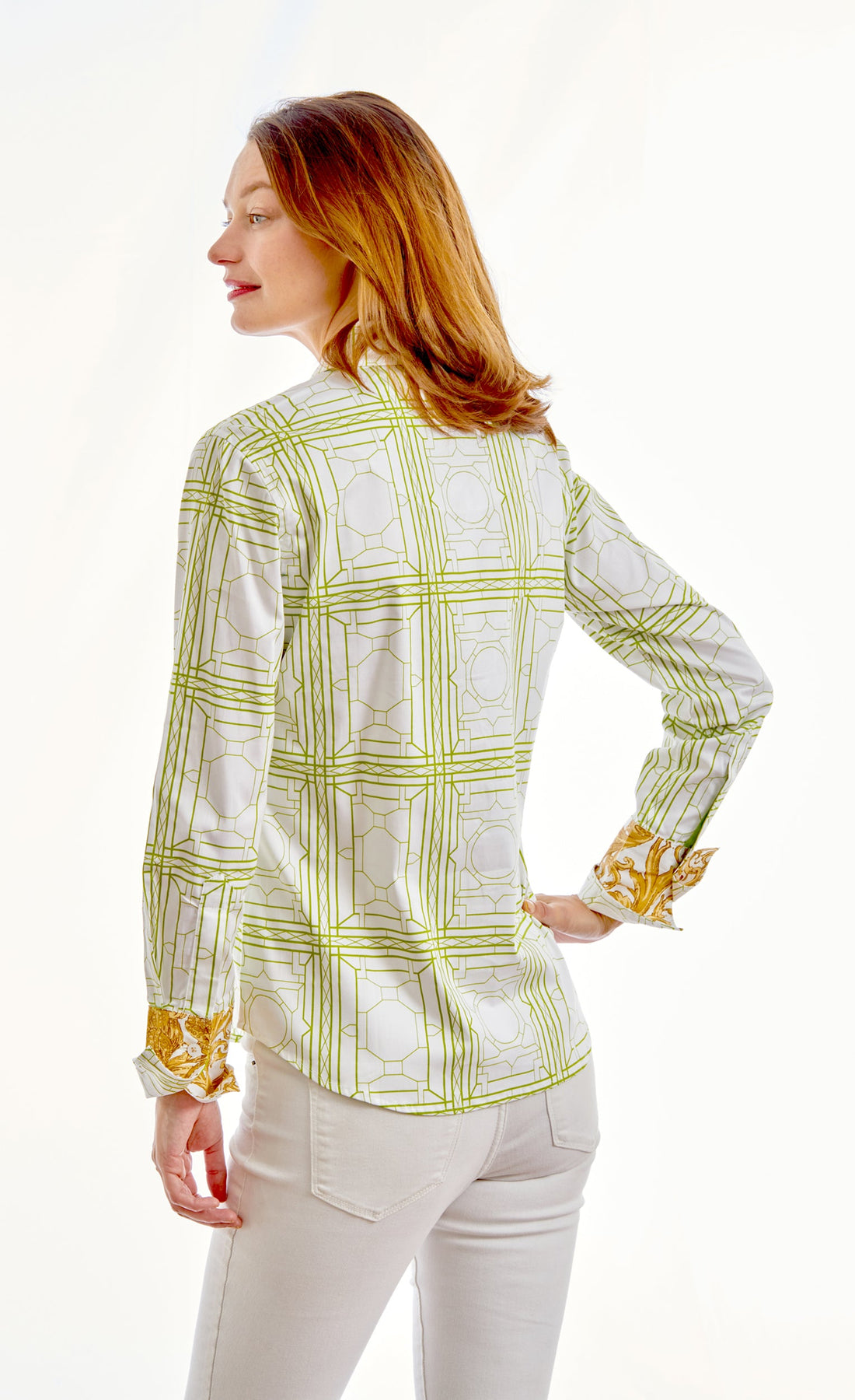 Green and white geometric Rome shirt by Dizzy-Lizzie, lightweight cotton top with stylish pattern and casual fit.