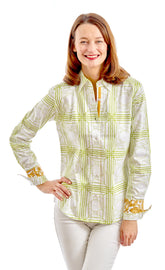 Green and white geometric print Rome shirt by Dizzy-Lizzie, lightweight tops with stylish pattern and comfortable fit.