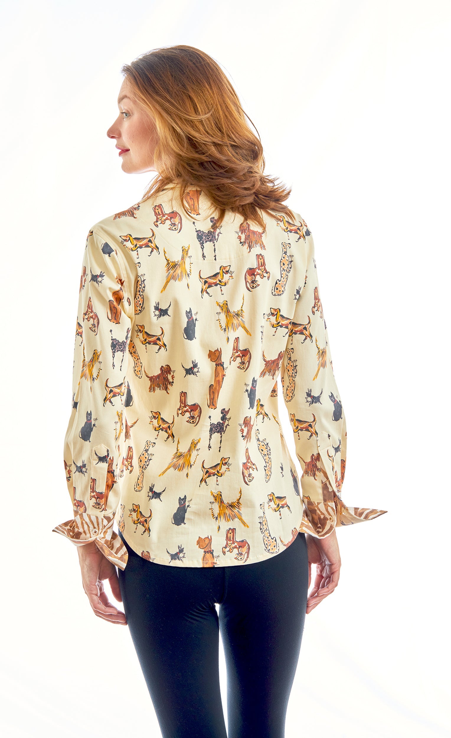 Dizzy-Lizzie Rome shirt featuring playful dog and kitty illustrations sipping cocktails, casual tops for a fun, stylish look.