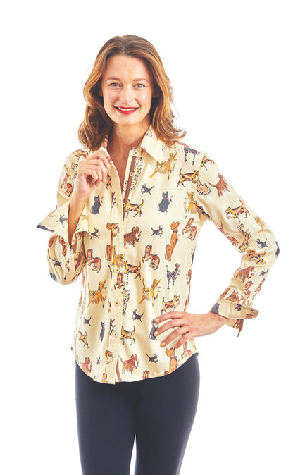 Dizzy-Lizzie Rome shirt featuring playful dog and kitty illustrations sipping cocktails, stylish casual top for everyday wear