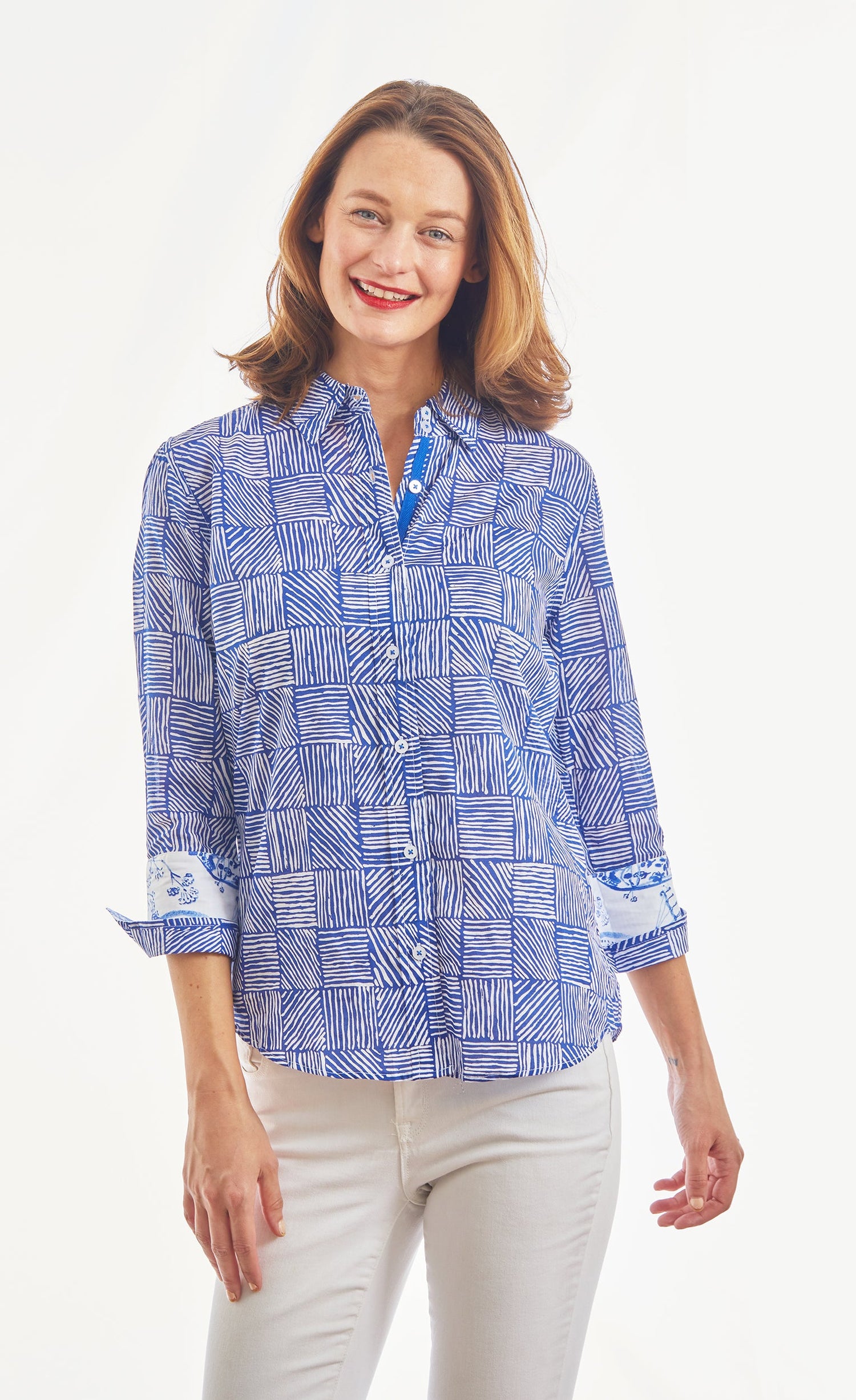 Dizzy-Lizzie 3/4 sleeve Rome navy and white criss-cross boxes top, featuring stylish pattern and comfortable fit.