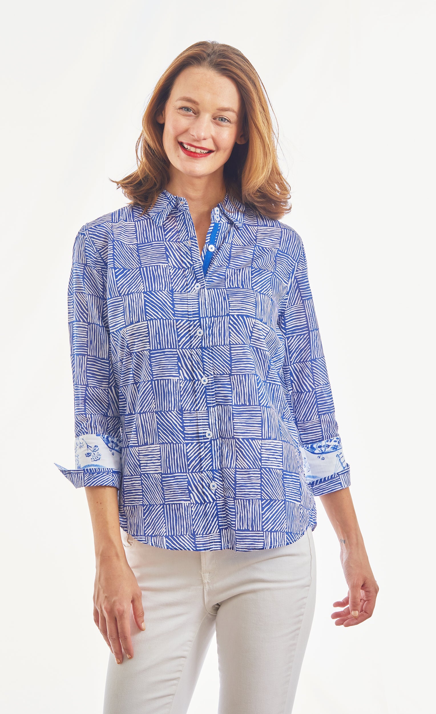 Dizzy-Lizzie 3/4 sleeve Rome navy and white criss-cross boxes top, featuring stylish pattern and comfortable fit.