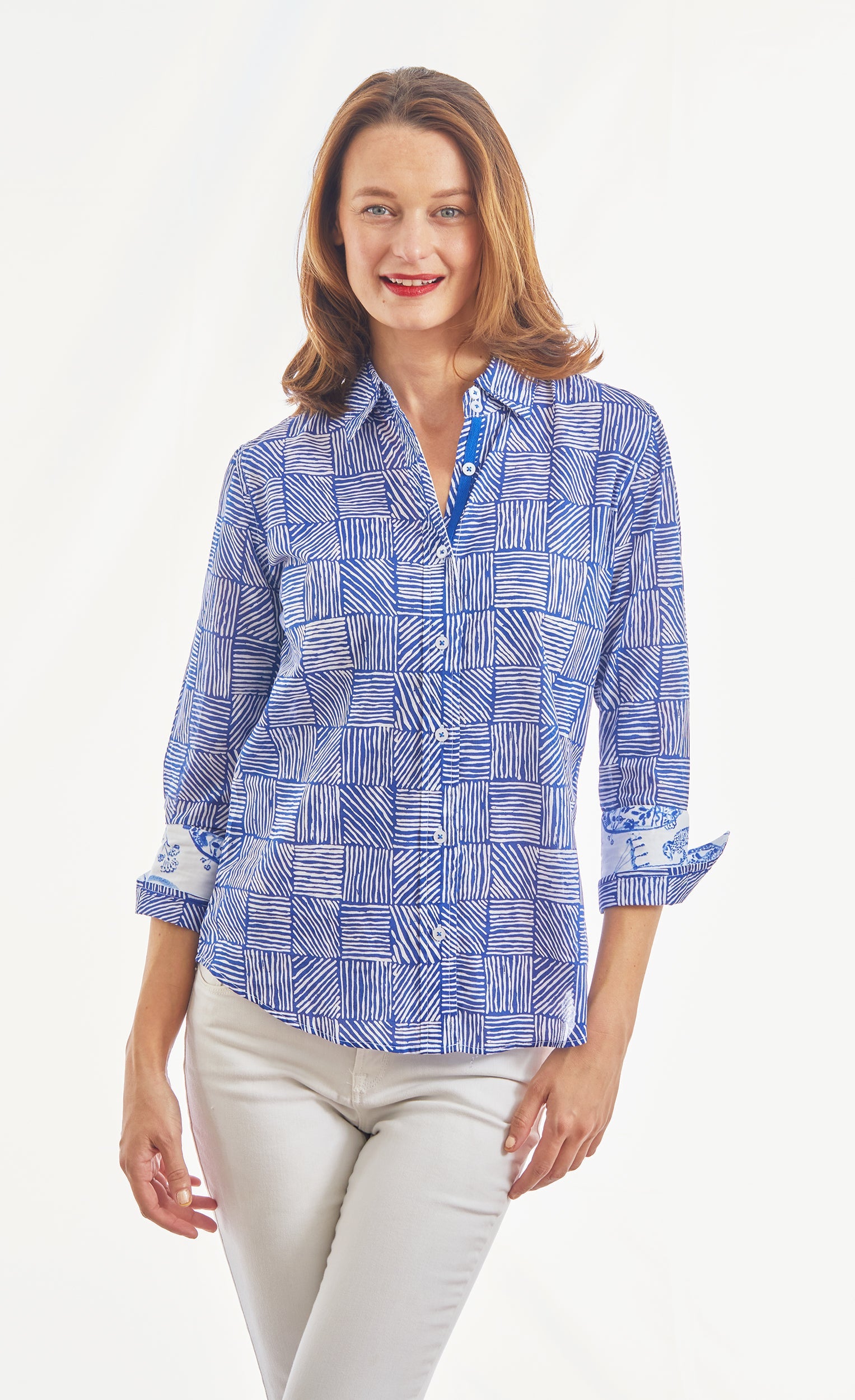 Dizzy-Lizzie 3/4 sleeve Rome Navy and White criss-cross boxes top, featuring a stylish design and comfortable fit.