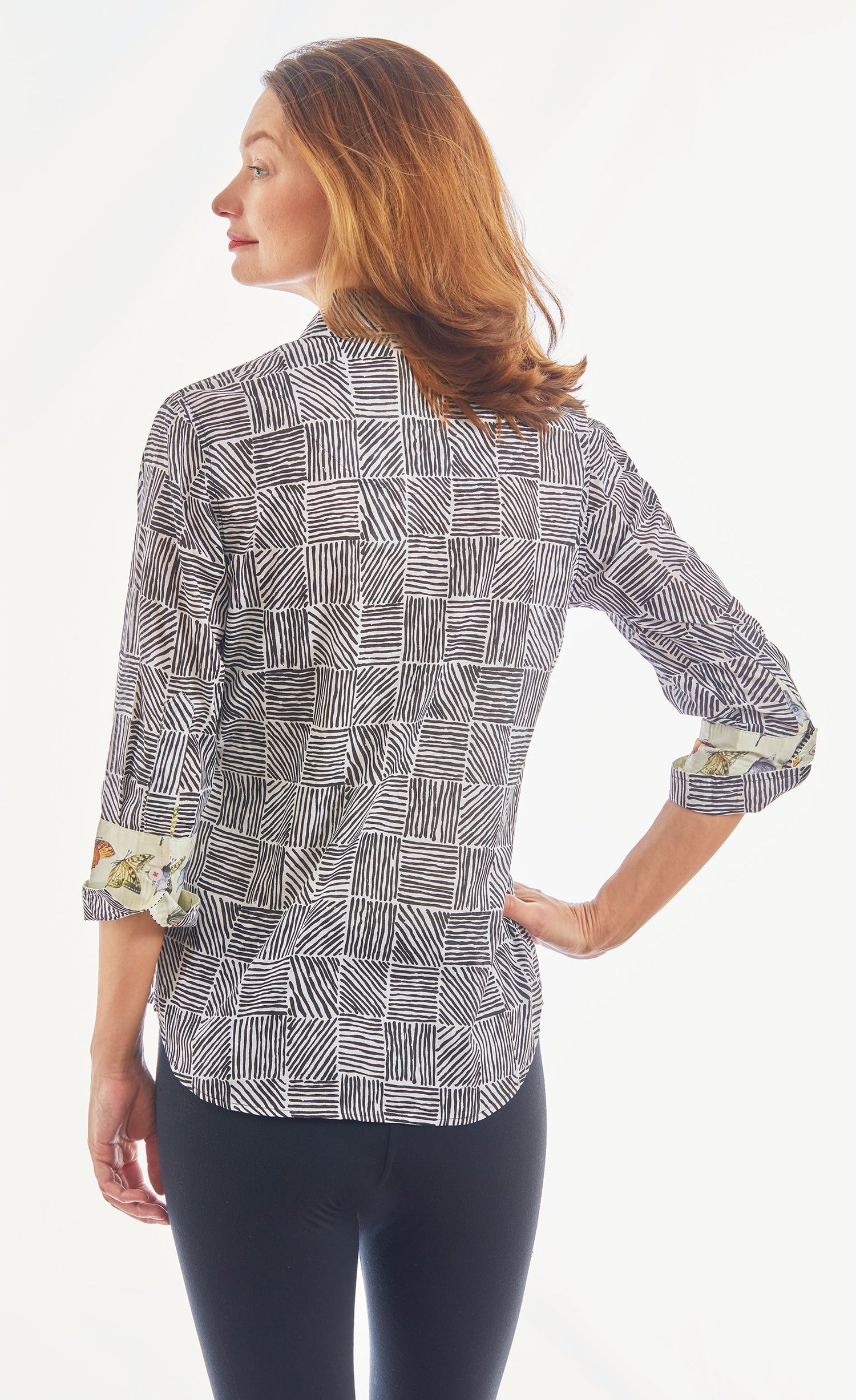 Dizzy-Lizzie 3/4 sleeve Rome black and white criss-cross box tops, stylish casual shirt with geometric pattern and fitted design.