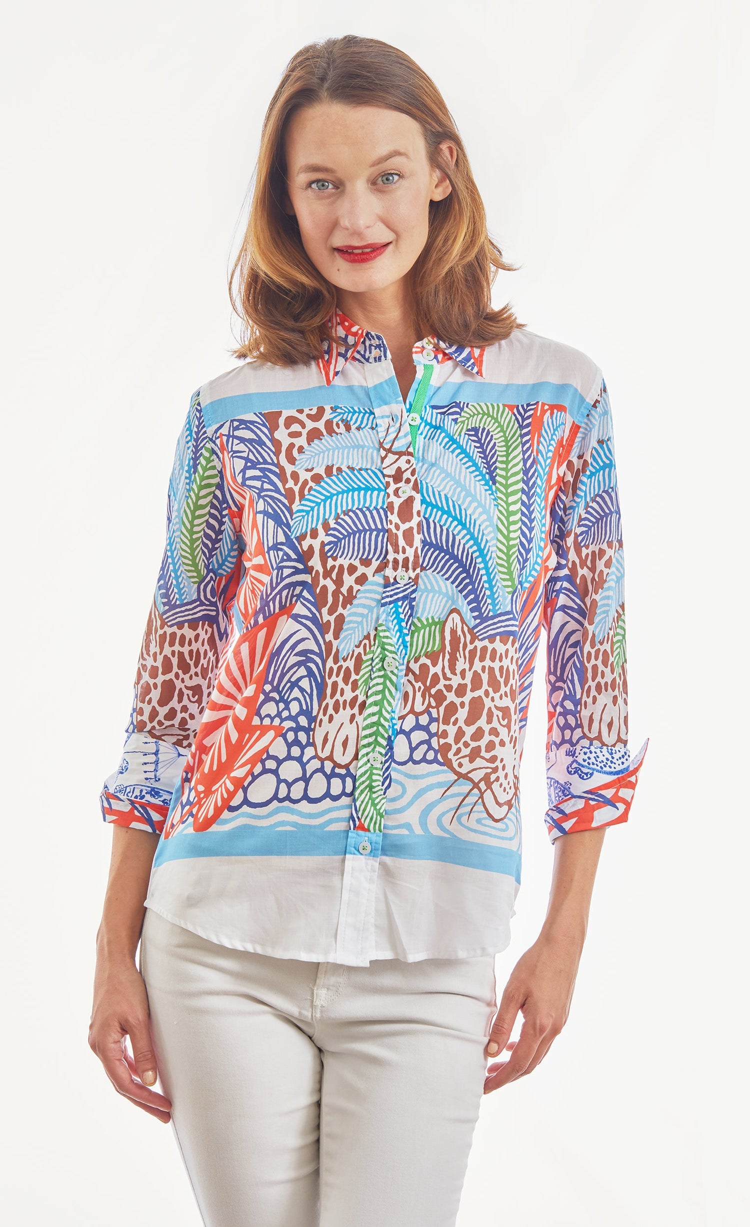 Dizzy-Lizzie 3/4 sleeve Rome shirt with hidden cheetah print, lightweight top, stylish and casual for everyday wear.