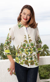 Dizzy-Lizzie 3/4 sleeve leaf print Rome style top in lightweight voile fabric, featuring vibrant botanical patterns.