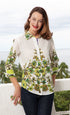 Dizzy-Lizzie 3/4 sleeve leaf print Rome style top in lightweight voile fabric, featuring a relaxed fit and elegant design.