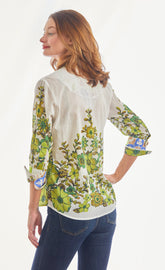 Dizzy-Lizzie 3/4 sleeve leaf print Rome style top in lightweight voile fabric, featuring a stylish and comfortable design.