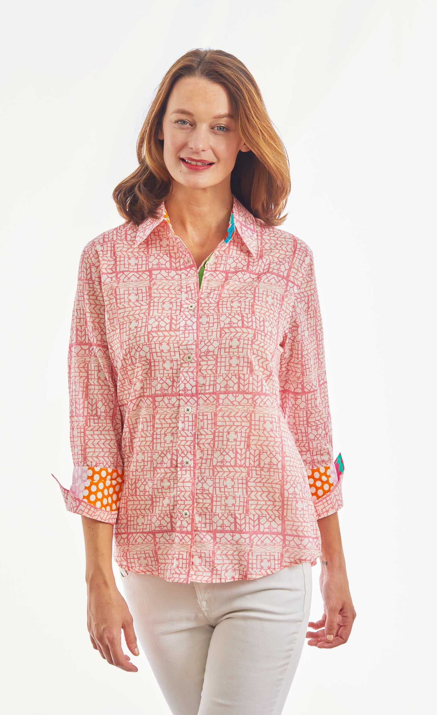 Pink 3/4 sleeve geometric print voile top by Dizzy-Lizzie, featuring a tiny pattern and lightweight fabric.