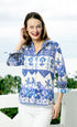 Dizzy-Lizzie 3/4 sleeve ikat top with elephant print in blue and white, featuring a casual, stylish design.
