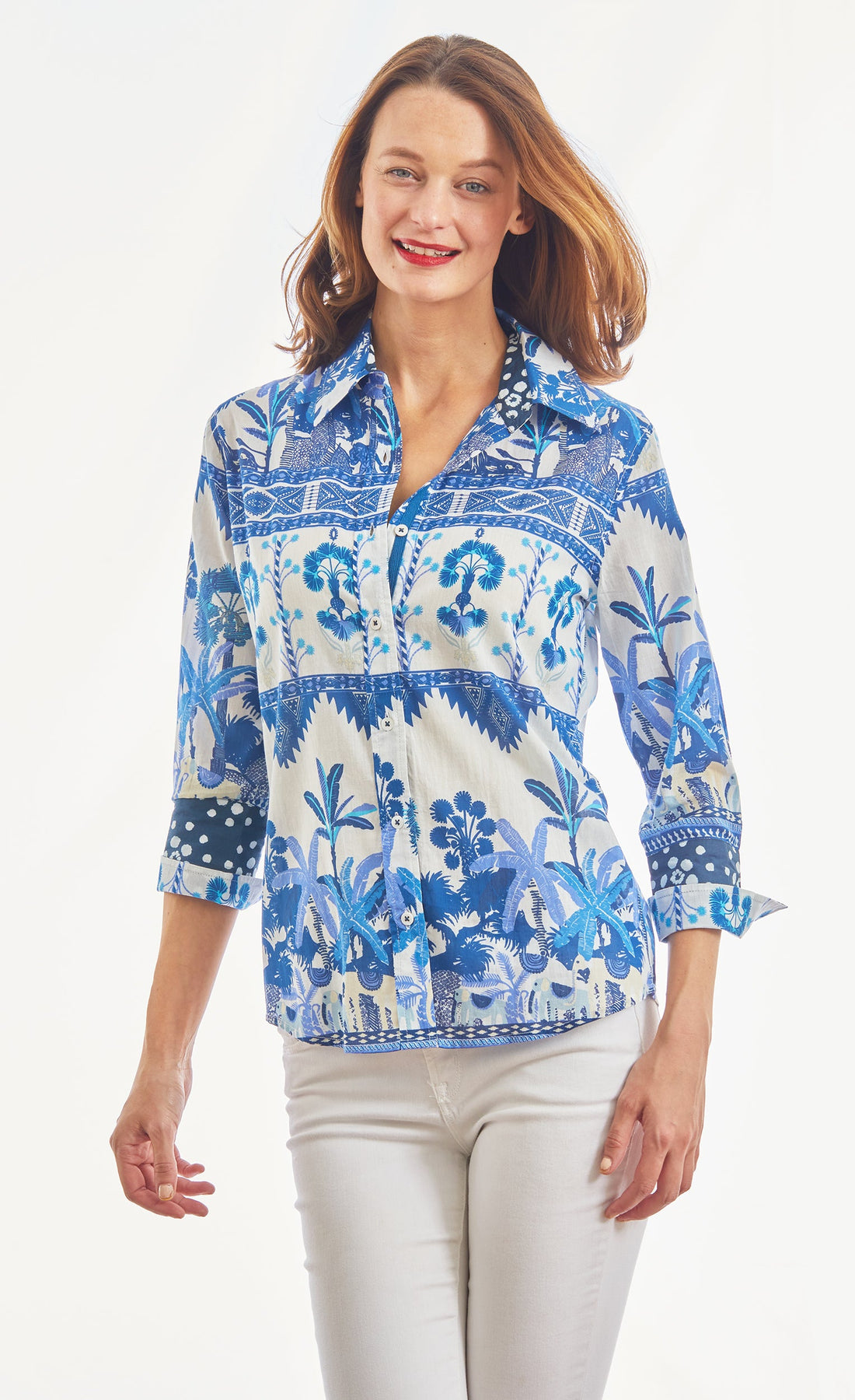 Dizzy-Lizzie 3/4 sleeve ikat top with elephant print in blue and white fabric, casual and stylish women&