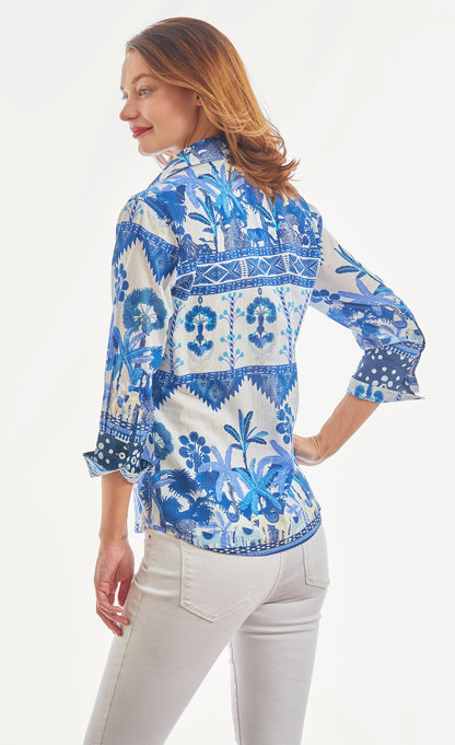 Dizzy-Lizzie 3/4 sleeve ikat top with elephant print in blue and white, featuring a stylish and comfortable design.