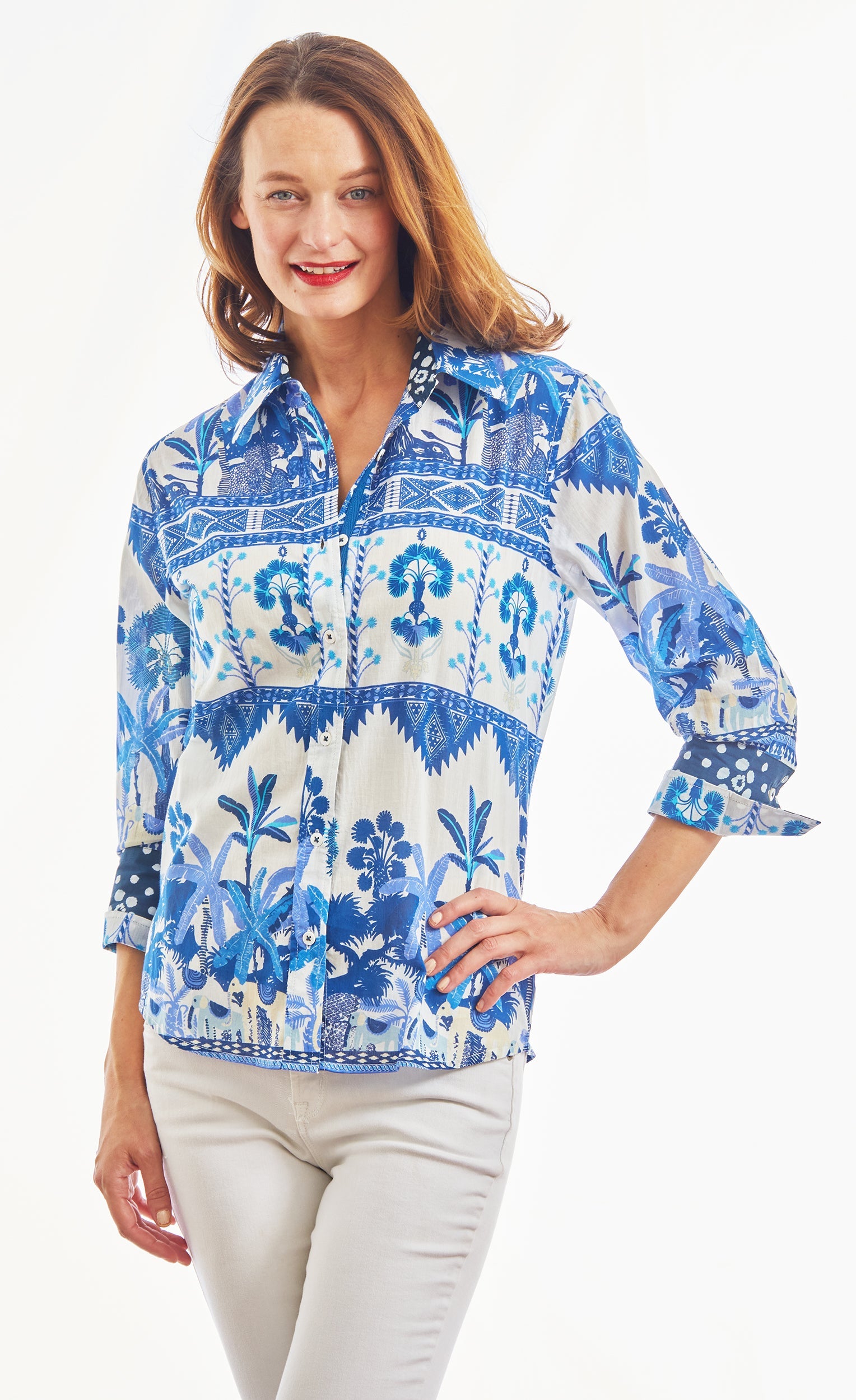 Dizzy-Lizzie 3/4 sleeve ikat top with elephant print in blue and white, featuring a stylish and comfortable design.