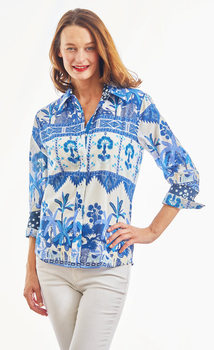 Dizzy-Lizzie 3/4 sleeve ikat top with elephant print in blue and white, featuring a stylish and comfortable design.