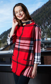 Dizzy-Lizzie Aspen cowl neck tunic in red yarndyed flannel plaid with fringe and button details, long sleeve top for women.