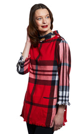 Dizzy-Lizzie Aspen cowl neck tunic in red yarndyed flannel plaid with fringe and button detail, showcasing cozy top style.